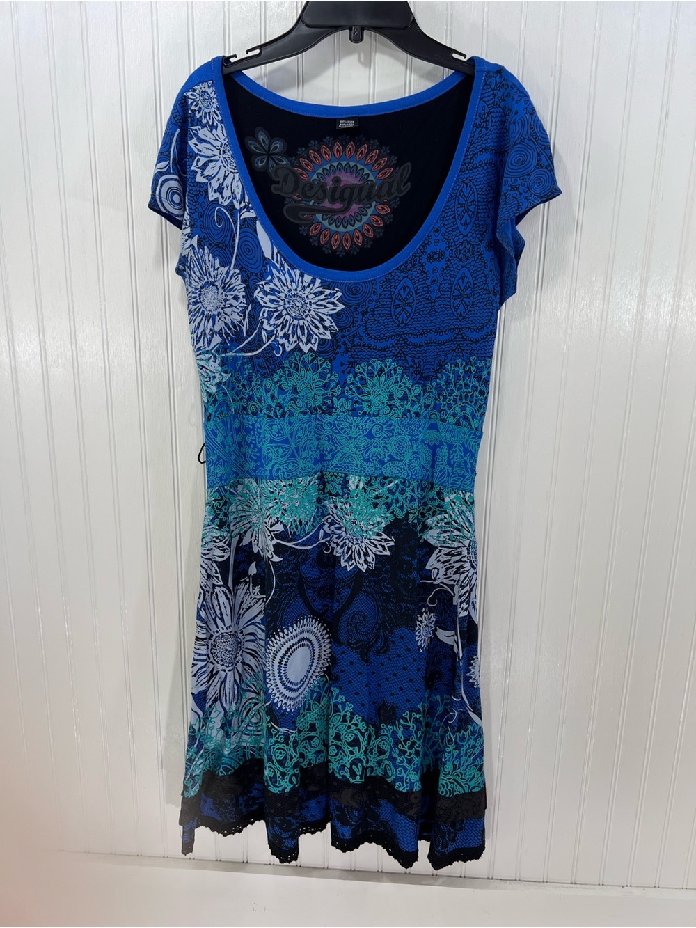 Desigual Myrcella Blue Floral Lace Patchwork A-Line Dress Women’s XL S 6 8